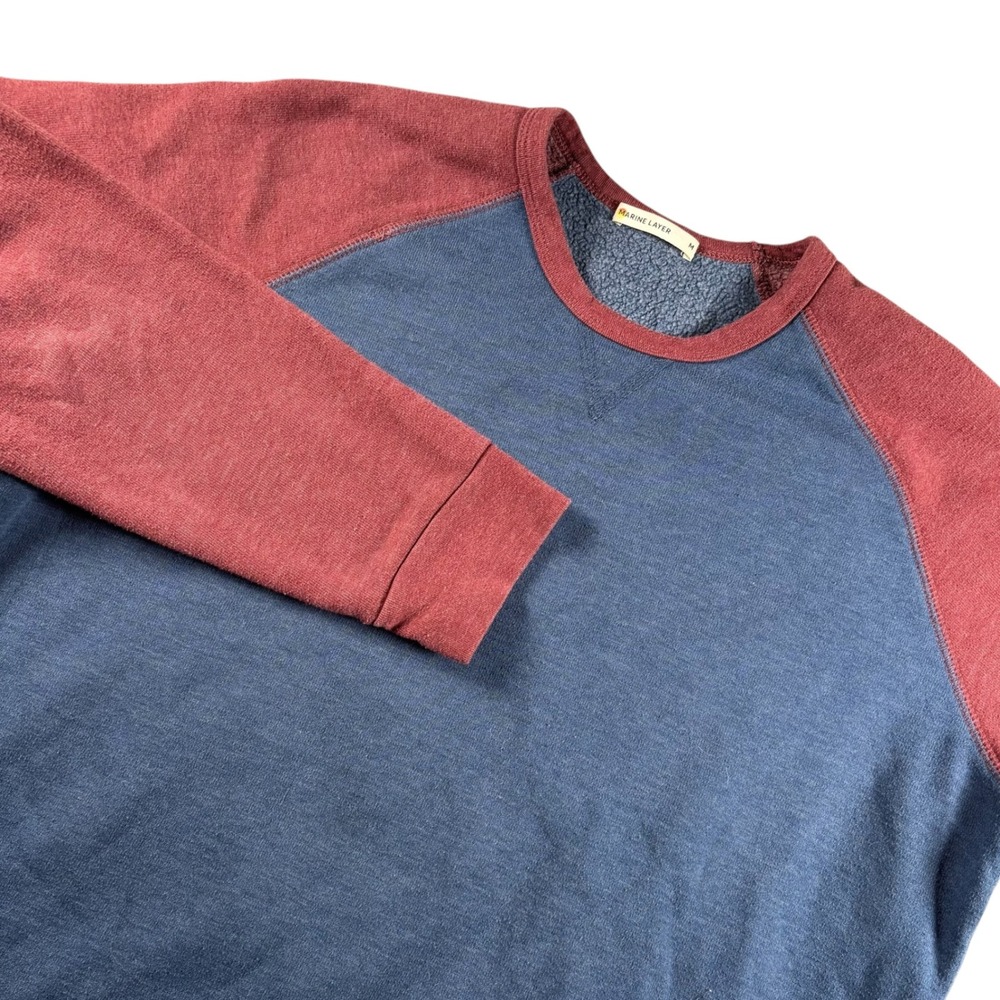 Marine Layer Sweatshirt Mens M Blue Burgundy Raglan Colorblock Minimalist Preppy